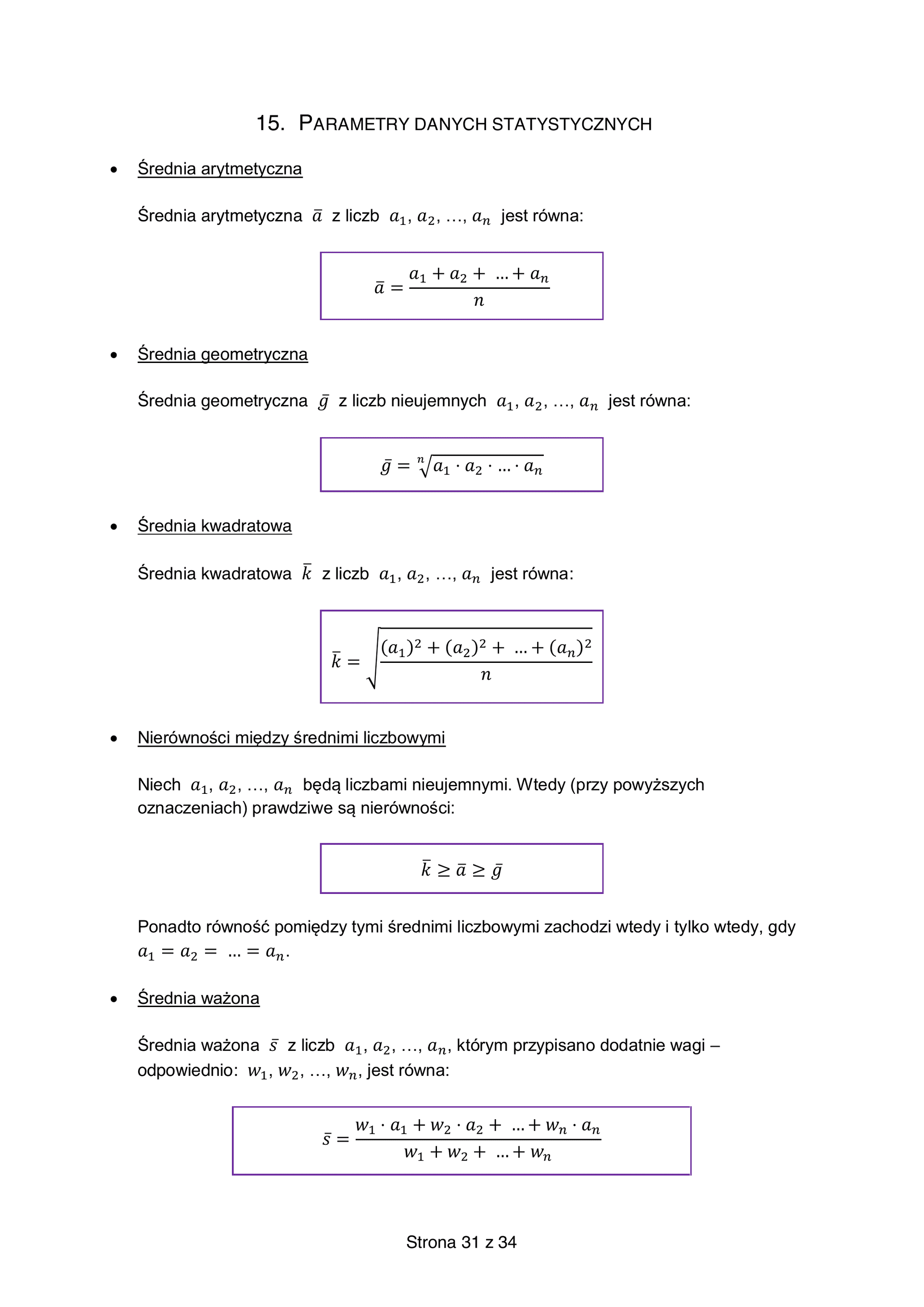 Karta wzorów CKE, strona 31: Parametry danych statystycznych